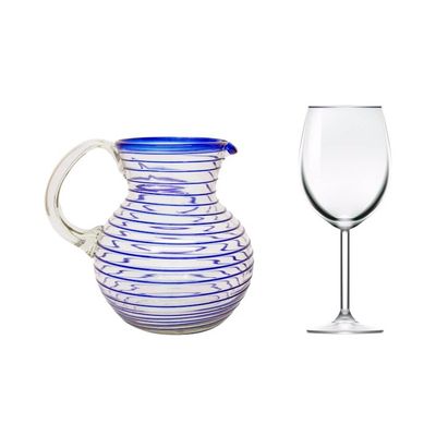 Alternate image for Mexican Handblown Recycled Glass Blue Stripe Pitcher Blue Spiral