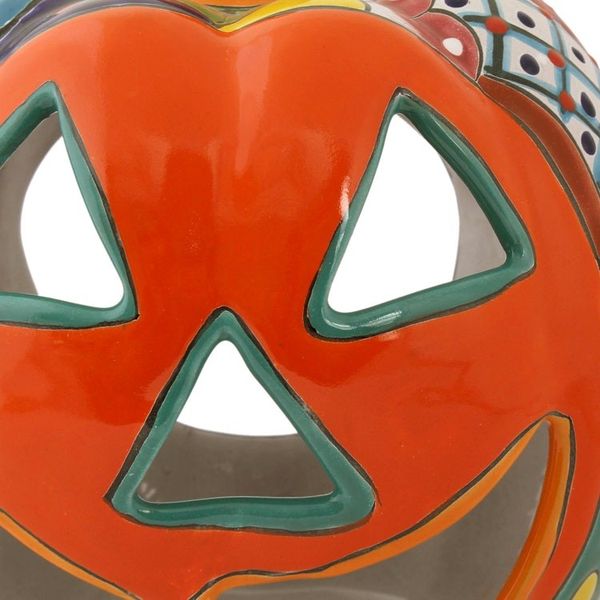 Alternate image for Floral Jack-O-Lantern Talavera Ceramic Candle Holder Jolly Jack-O-Lantern