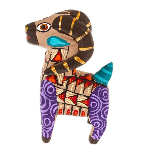Alternate image for Copal Wood Alebrije Sheep Figurine Hand-Painted in Purple Majestic Sheep