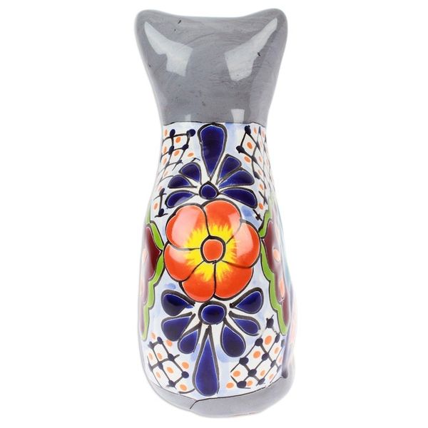 Alternate image for Hand-Painted Hacienda Cat-Themed Ceramic Sculpture in Grey Feline Essence in Grey