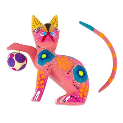 Alternate image for Hand-Painted Wood Alebrije Figurine of Cat Playing with Ball Cute Cat with Ball