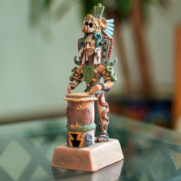 Alternate image for Unique Aztec Museum Replica Ceramic Sculpture Jaguar Warrior and Huehuetl