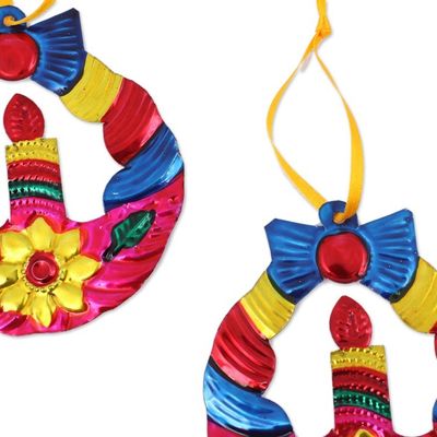 Alternate image for Hammered Tin Wreath Ornaments from Mexico Set of 4 Candlelit Wreaths in Fuchsia