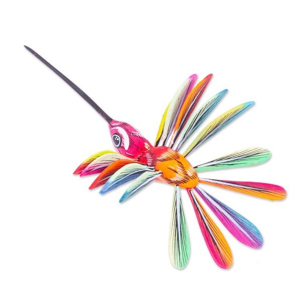 Alternate image for Hand-Painted Carnation Copal Wood Alebrije Bird Ornament Festival Plumage