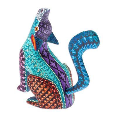 Alternate image for Multicolored Alebrije Coyote Figurine with Geometric Motifs Howling Coyote