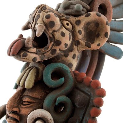 Alternate image for Unique Aztec Museum Replica Ceramic Sculpture Jaguar Warrior and Huehuetl