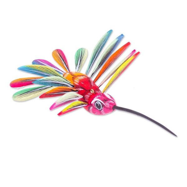 Alternate image for Hand-Painted Carnation Copal Wood Alebrije Bird Ornament Festival Plumage