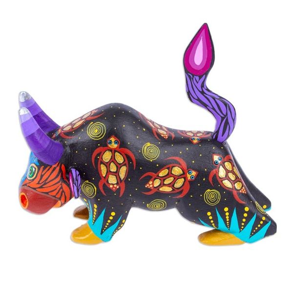 Alternate image for Hand-Painted Colorful Wood Alebrije Bull Figurine in Black Sea Bull