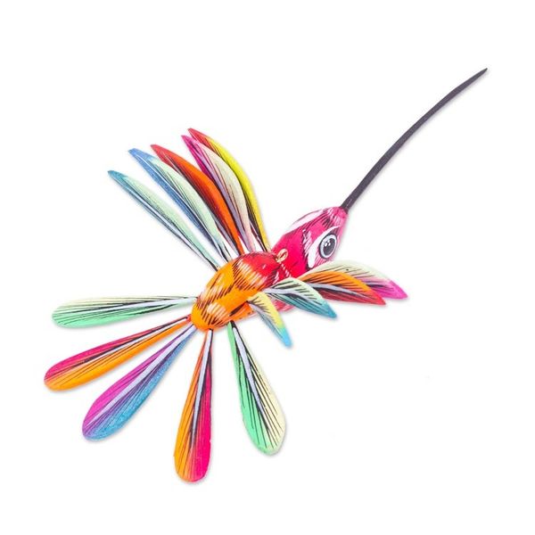 Alternate image for Hand-Painted Carnation Copal Wood Alebrije Bird Ornament Festival Plumage