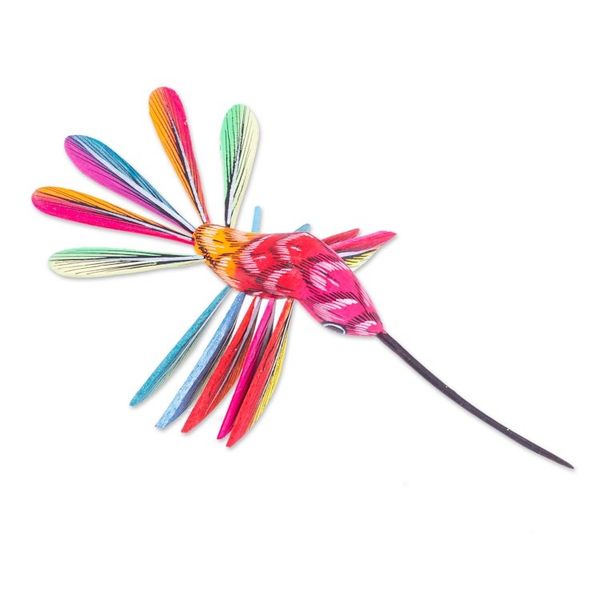 Alternate image for Hand-Painted Carnation Copal Wood Alebrije Bird Ornament Festival Plumage