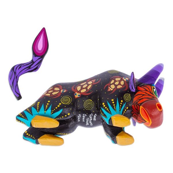 Alternate image for Hand-Painted Colorful Wood Alebrije Bull Figurine in Black Sea Bull
