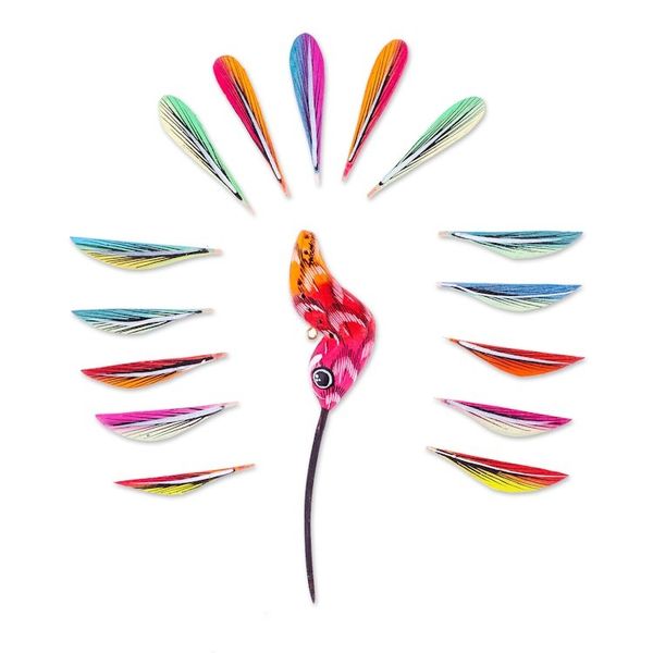 Alternate image for Hand-Painted Carnation Copal Wood Alebrije Bird Ornament Festival Plumage