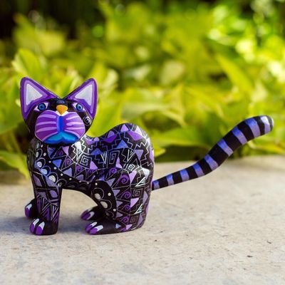 Alternate image for Black Alebrije Cat Silver and Purple Hand Painted Motifs Sophisticated Cat