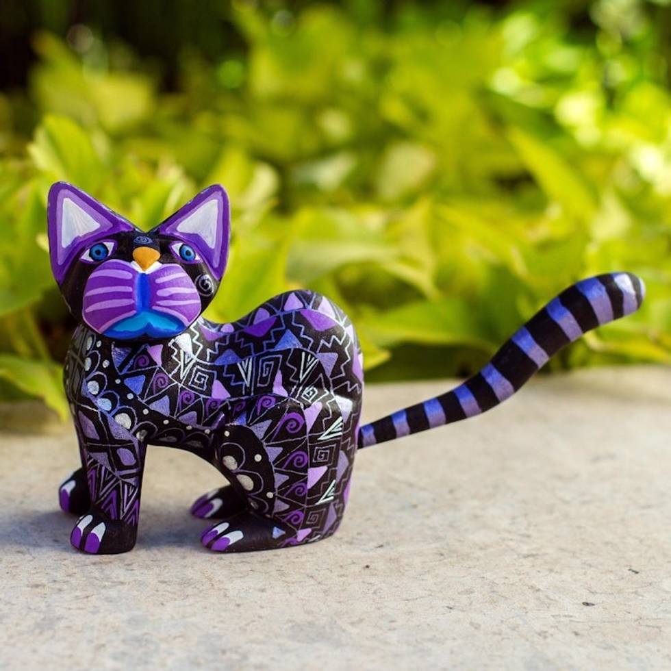 Black Alebrije Cat Silver and Purple Hand Painted Motifs 'Sophisticated Cat'