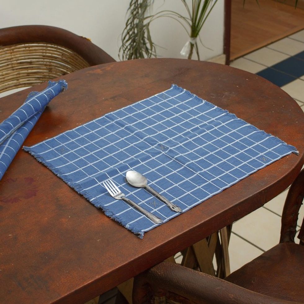 Blue-Grey Hand Woven Checkered Cotton Placemats Set of 4 'Central Highlands Blue'