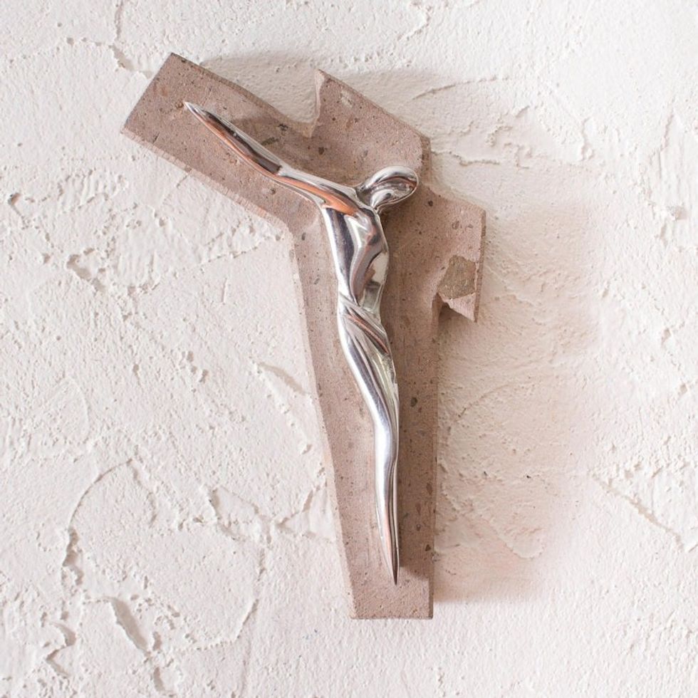 Artistic Pewter and Reclaimed Stone Wall Cross from Mexico 'Jesus Gleams'