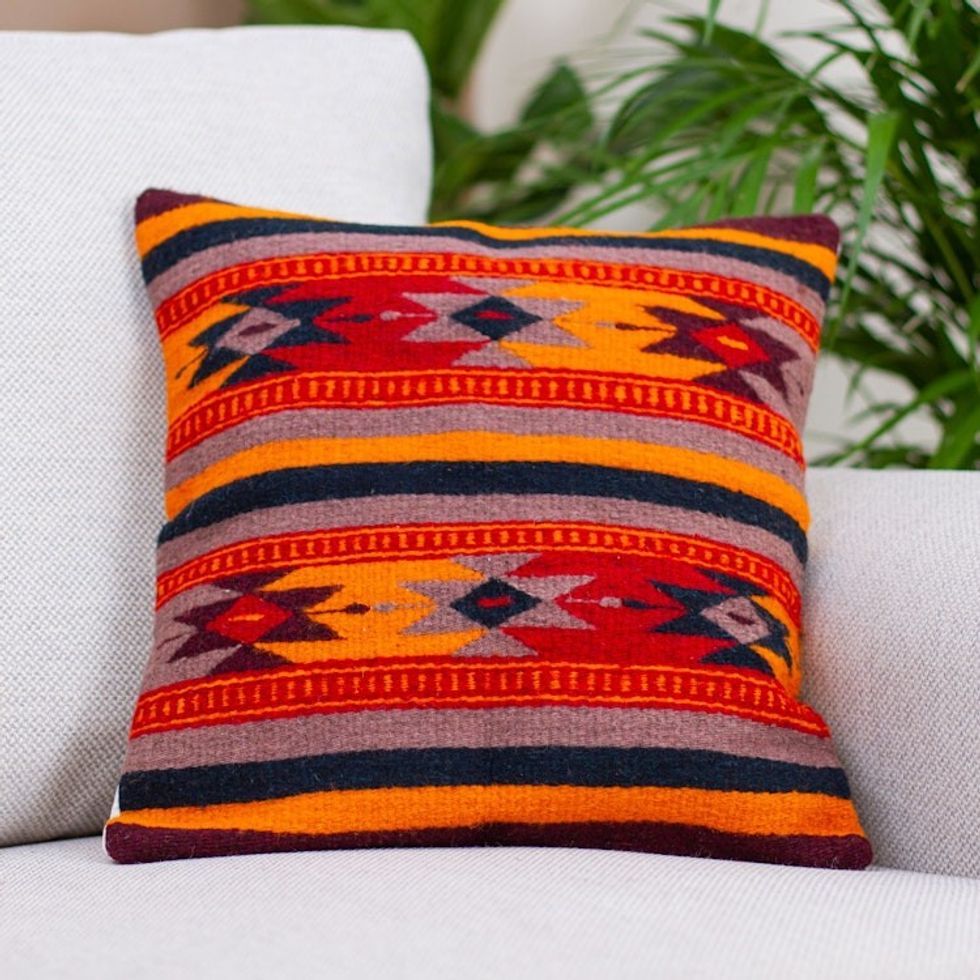 Geometric Wool Patterned Cushion Cover from Mexico 'Zapotec Stars'