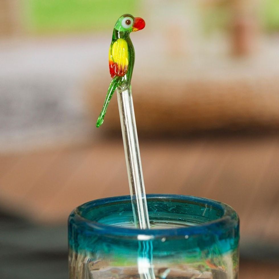 Mexican Recycled Glass Cocktail Stirrer with Colorful Macaw 'Charming Macaw'