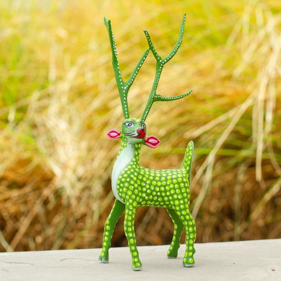 Handmade Copal Wood Alebrije 'Green Deer'