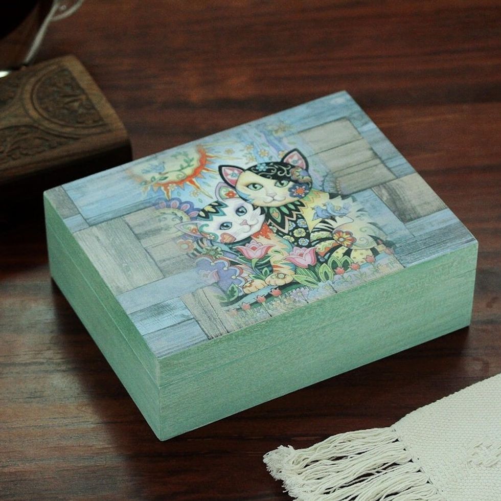 Cat-Themed Decoupage Wood Decorative Box from Mexico 'Floral Cats'