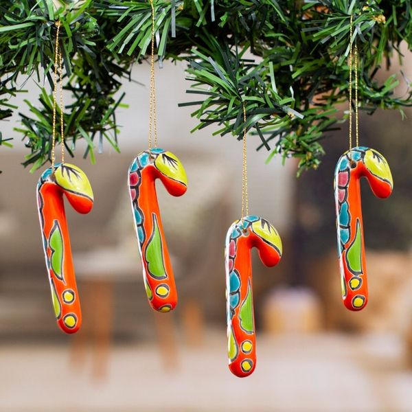 Alternate image for Set of 4 Ceramic Ornaments with Floral Motifs in Vermilion Vermilion Canes