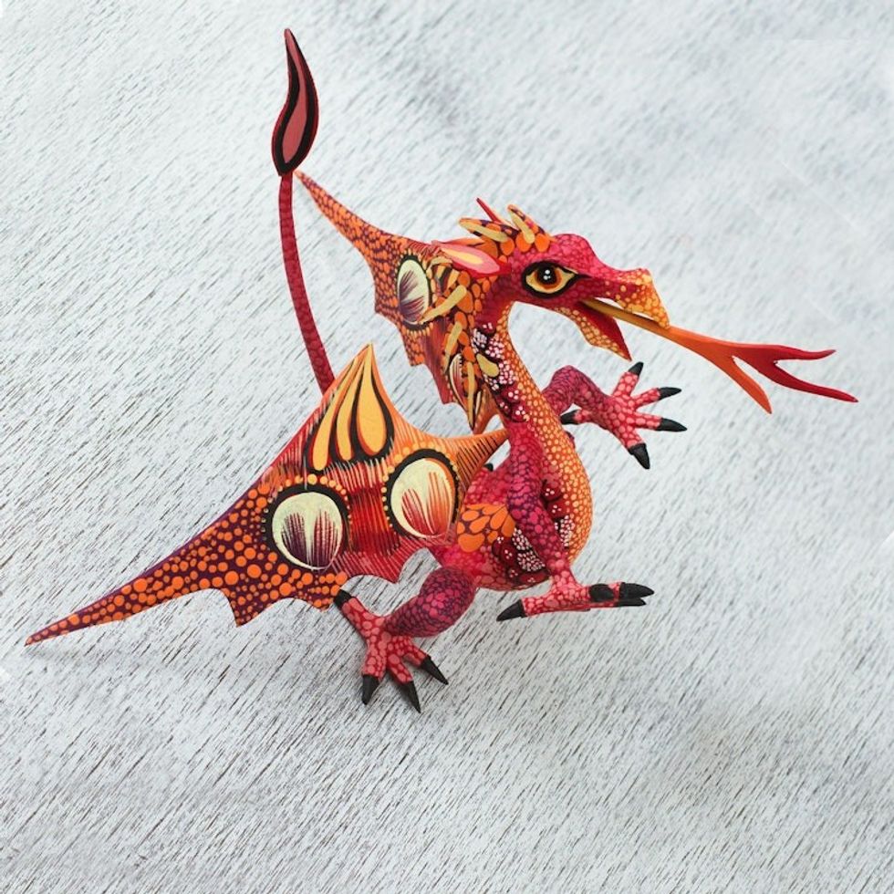 Copal Wood Alebrije Sculpture of Dragon in Red and Orange 'Mexican Dragon in Red'