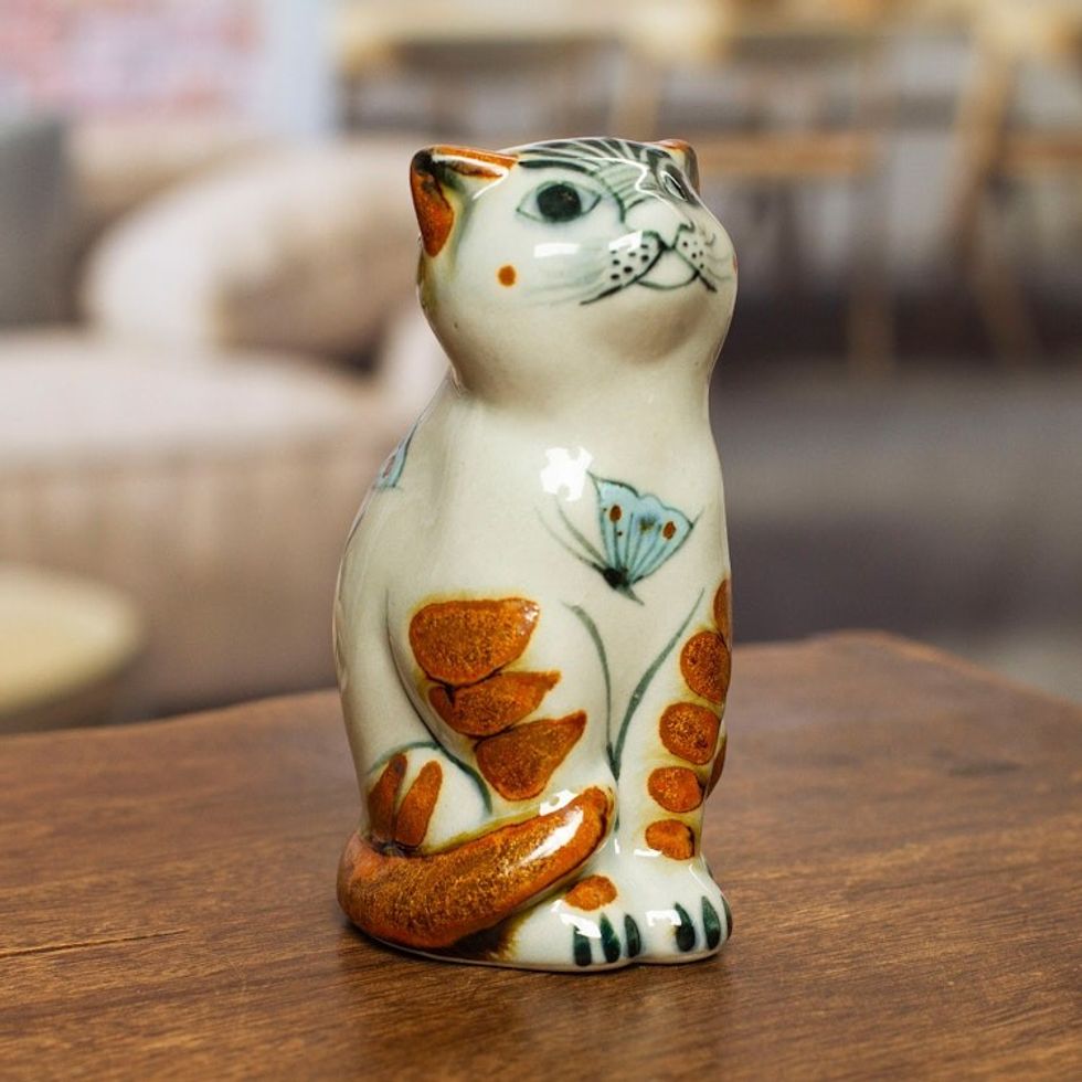 Cat Themed Ceramic Figurine Hand-Painted in Mexico 'Traditional Cat'