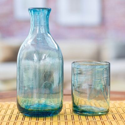Alternate image for Aqua Handblown Recycled Glass Carafe and Cup Set Pair Delicate Aqua