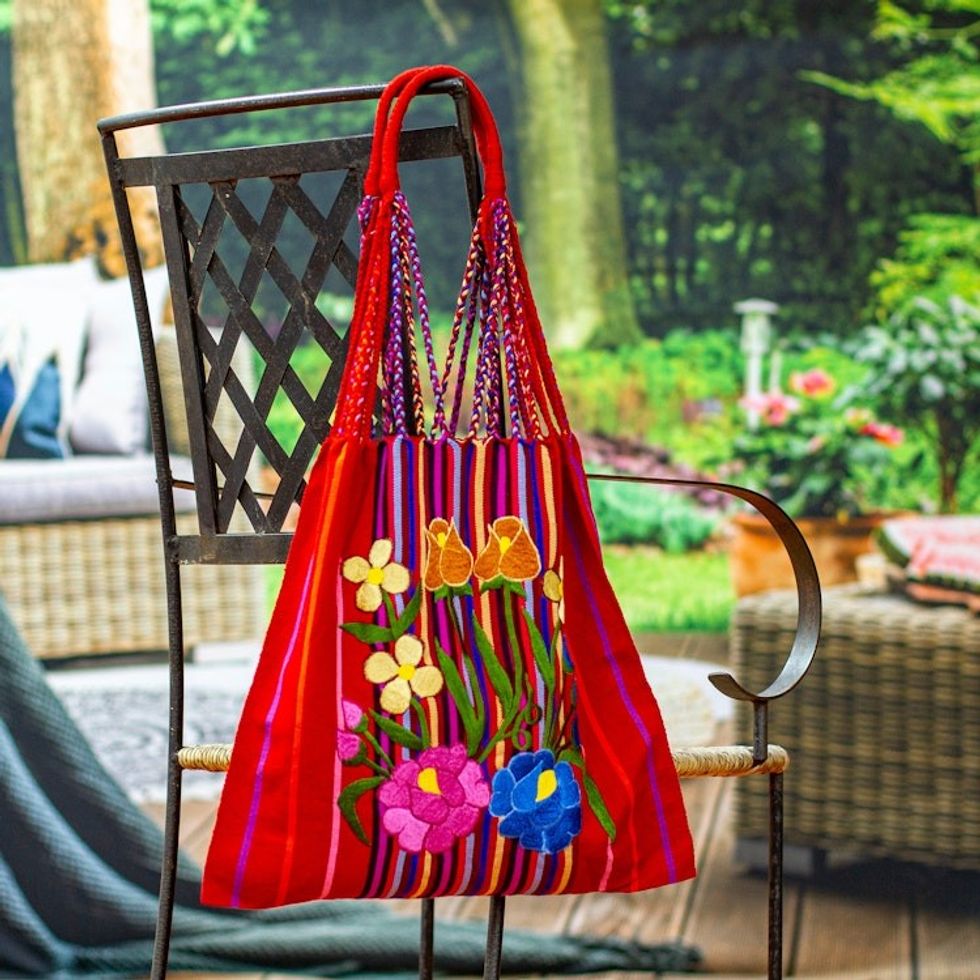 Handwoven Floral Cotton Tote from Mexico 'Rainbow Bouquet'