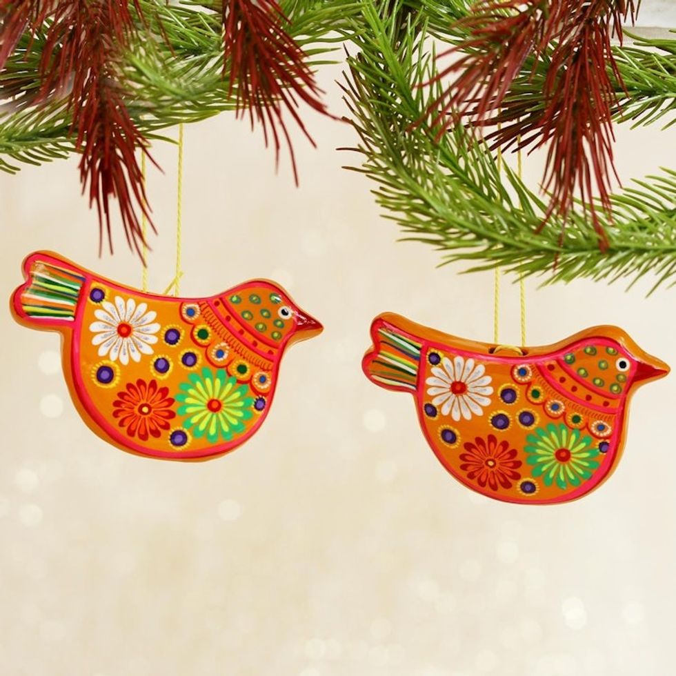 2 Yellow Floral Ceramic Peace Dove Ornaments Crafted by Hand 'Marigold Dove'