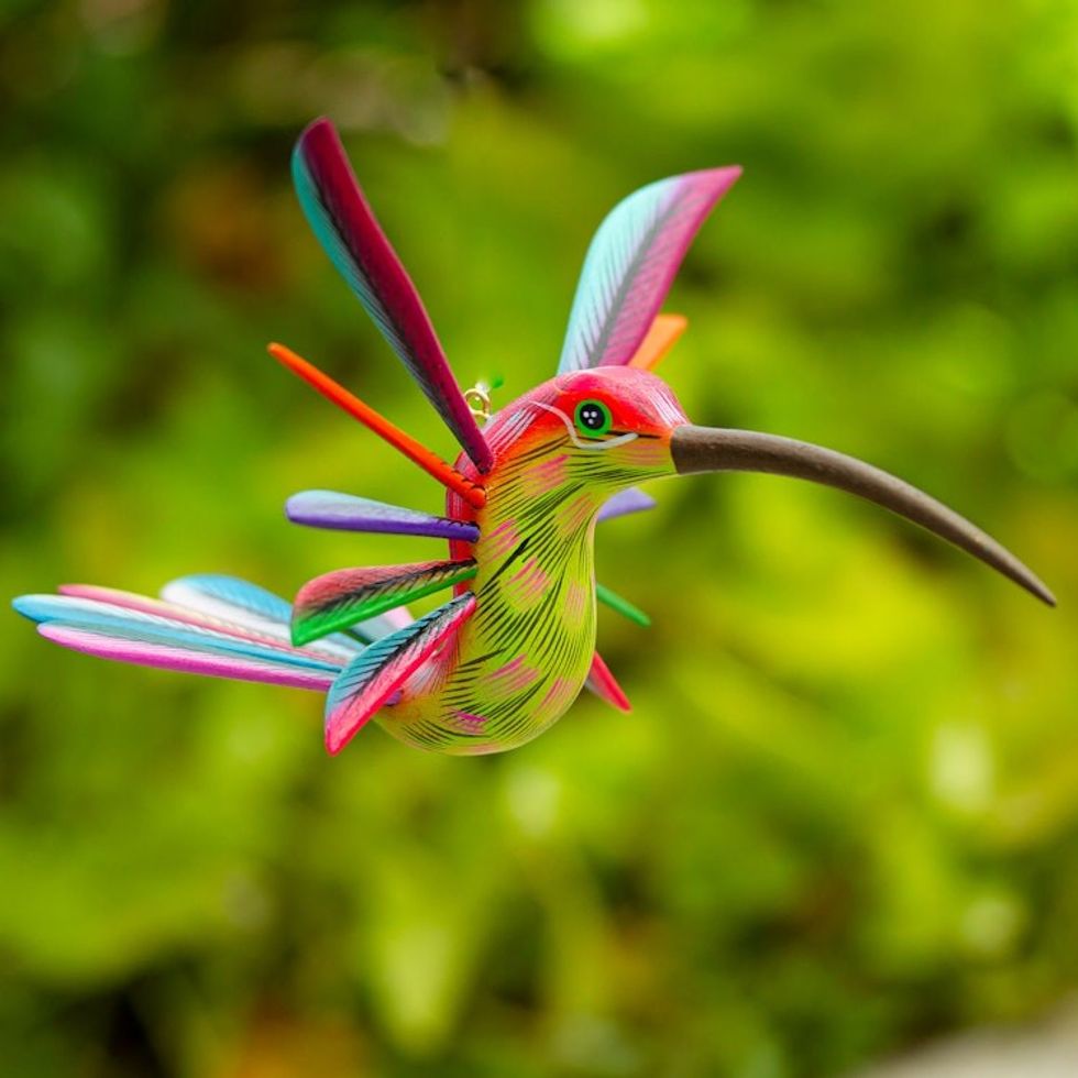 Hand-Painted Mexican Wood Alebrije Figurine 'Bold Hummingbird'