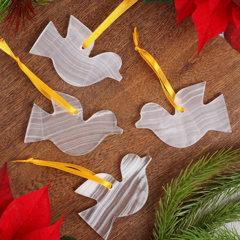 Set of 4 Natural Onyx Dove Ornaments Handcrafted in Mexico 'Purity of the Dove'