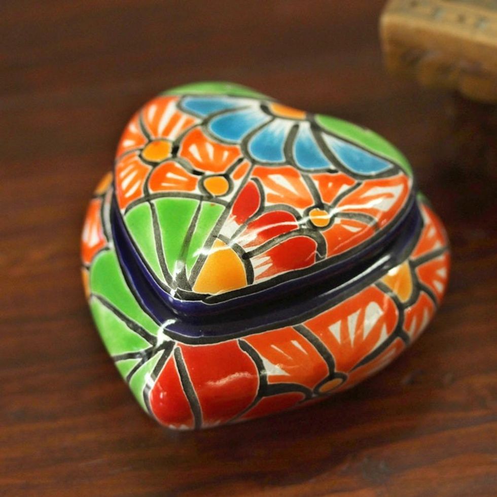 Heart-Shaped Talavera-Style Ceramic Decorative Box 'Floral Heart'