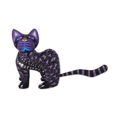 Alternate image for Black Alebrije Cat Silver and Purple Hand Painted Motifs Sophisticated Cat
