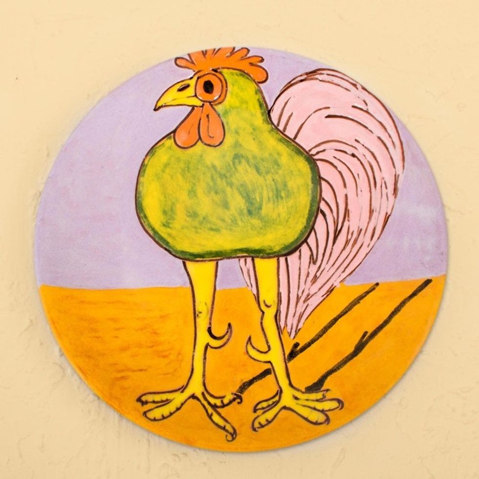 Handcrafted Whimsical Green Rooster Ceramic Decorative Plate 'Green Rooster'