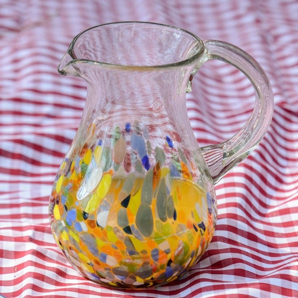 Blown Colorful Recycled Glass Pitcher from Mexico 87 oz 'Confetti Festival'
