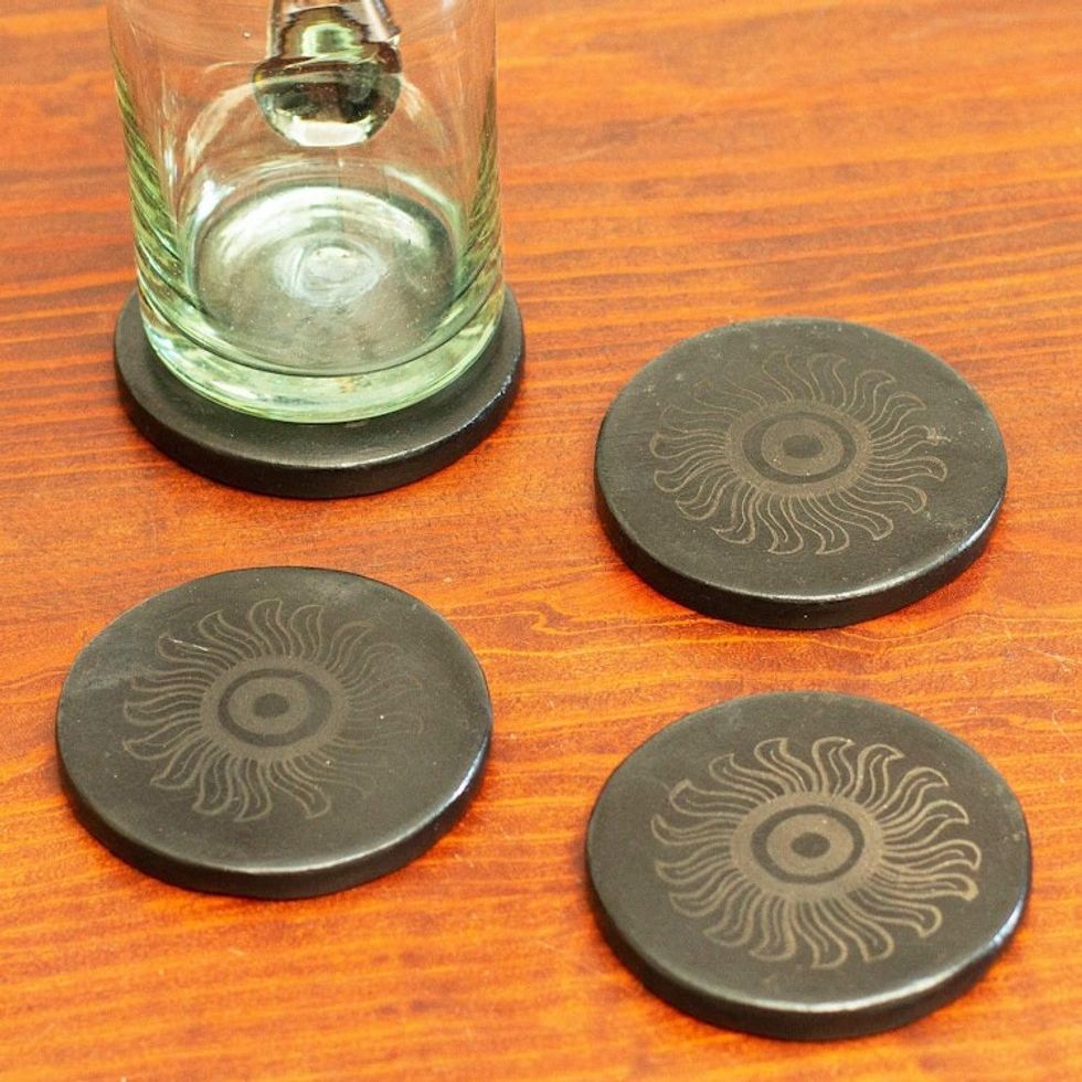 Handcrafted Barro Negro Coasters Set of 4 'Dark Sun'