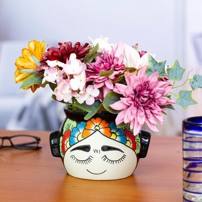 Alternate image for Handcrafted Ceramic Flower Pot Inspired by Frida Kahlo Natural Frida