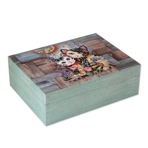 Alternate image for Cat-Themed Decoupage Wood Decorative Box from Mexico Floral Cats