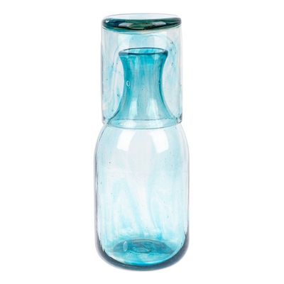 Alternate image for Aqua Handblown Recycled Glass Carafe and Cup Set Pair Delicate Aqua