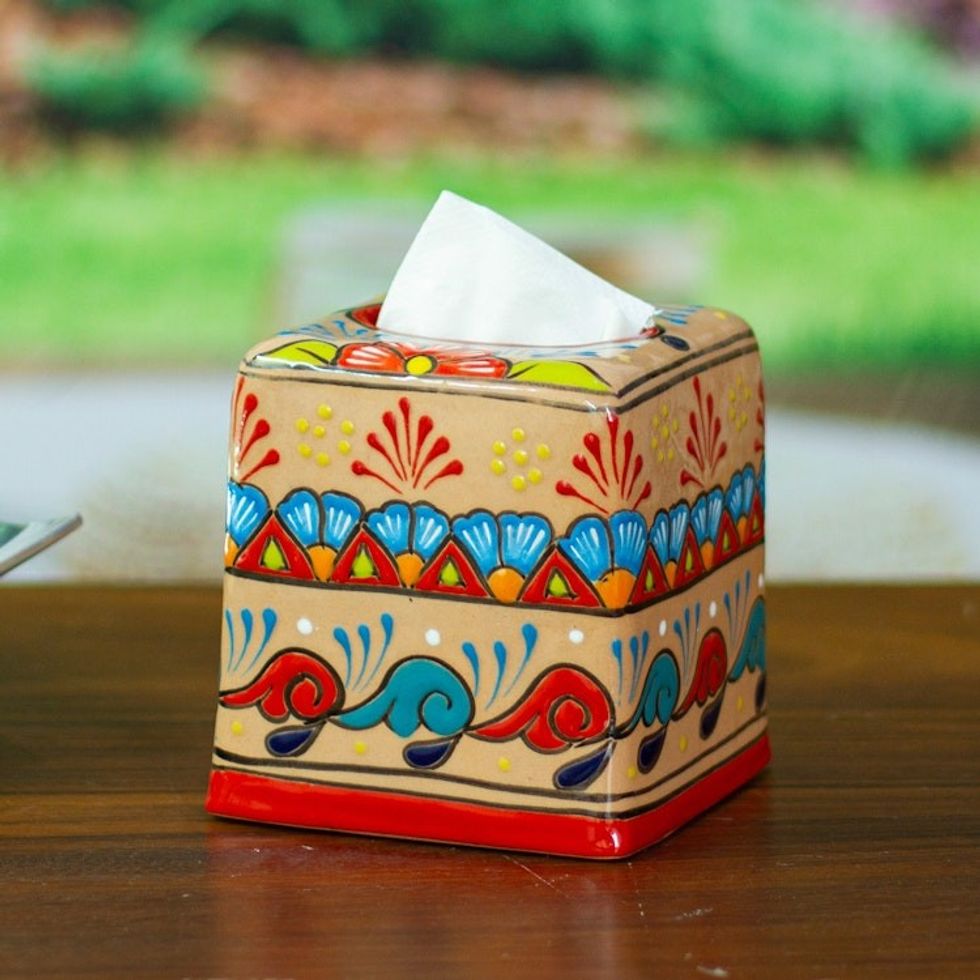 Handcrafted Talavera Floral Ceramic Tissue Box Cover 'Spring Convenience'
