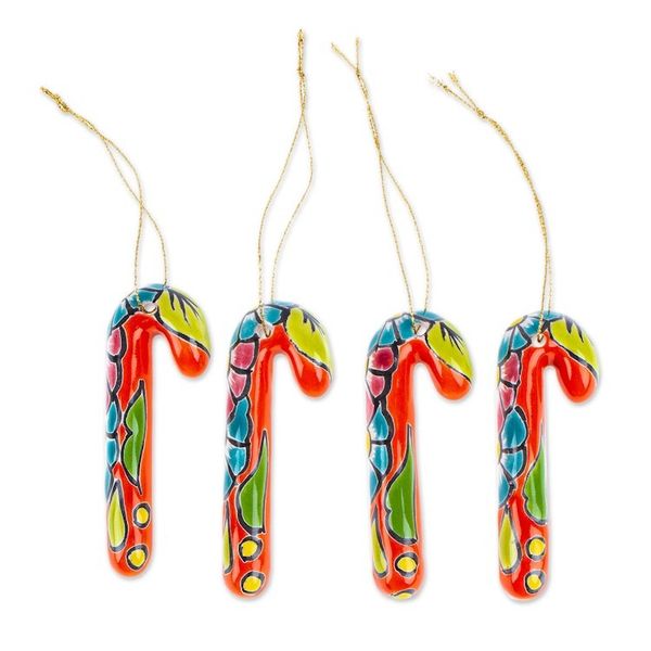 Alternate image for Set of 4 Ceramic Ornaments with Floral Motifs in Vermilion Vermilion Canes