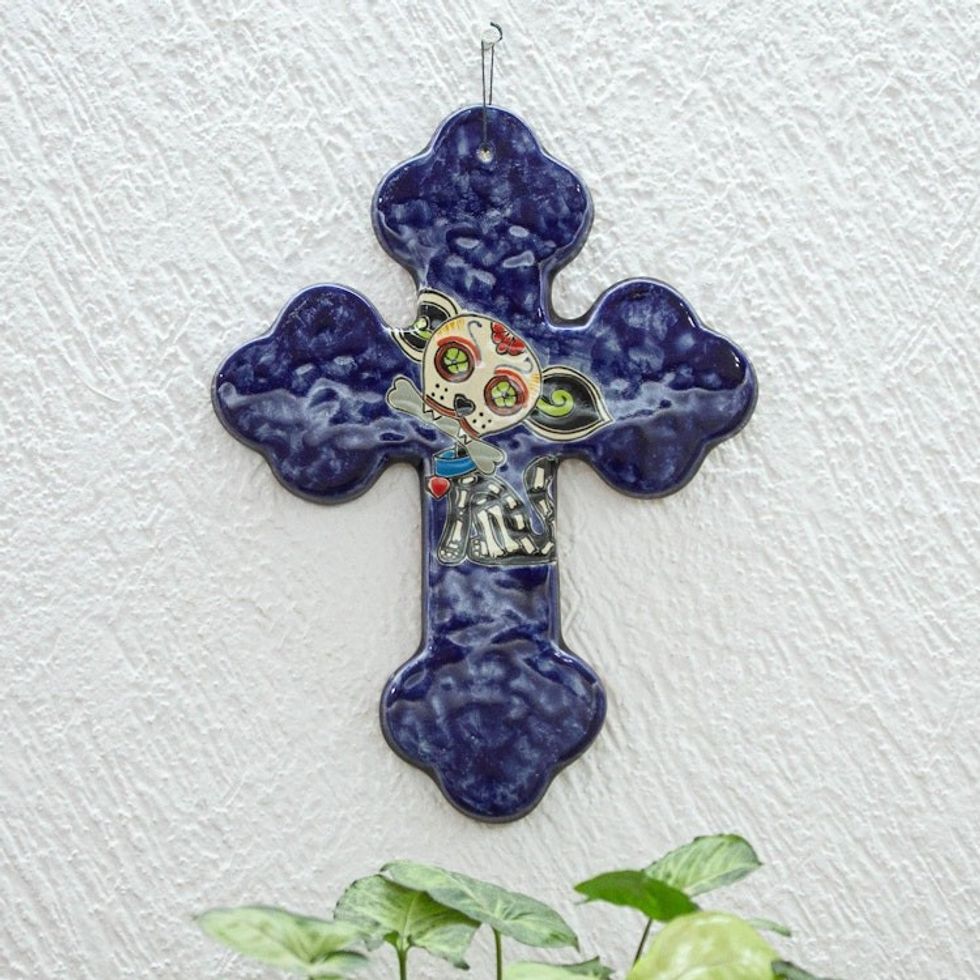 Hand Painted Dog-Themed Ceramic Wall Cross 'Catrina Pup'