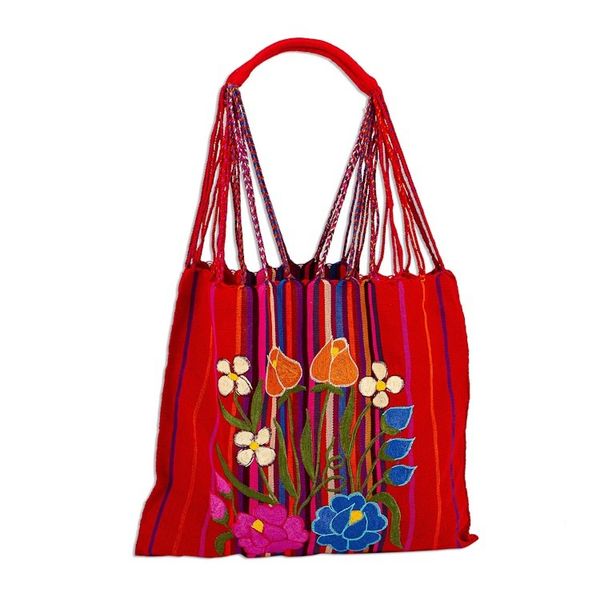 Alternate image for Handwoven Floral Cotton Tote from Mexico Rainbow Bouquet