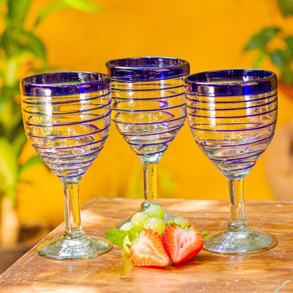 Hand Blown Blue Accent Wine Glasses Set of 6 Mexico 'Tall Cobalt Spiral'