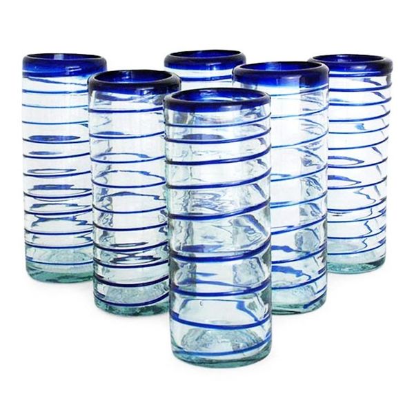 Alternate image for Hand Blown Drinking Glasses Blue Accent Set of 6 Cobalt Spiral