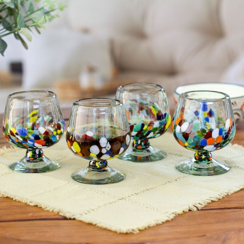 Set of 4 Colorful Handblown Glass Goblets from Mexico 'Chromatic Ceremony'