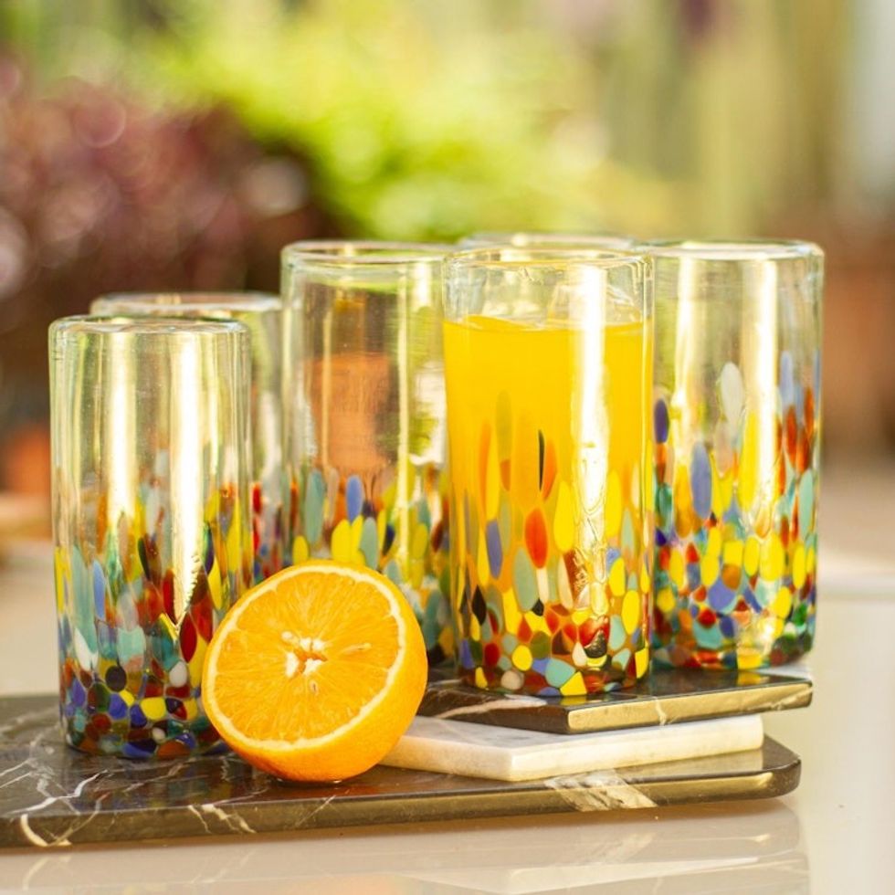 Multicolor Hand Blown Glass Highball Glasses Set of 6 'Confetti Festival'