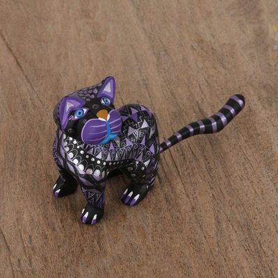 Alternate image for Black Alebrije Cat Silver and Purple Hand Painted Motifs Sophisticated Cat