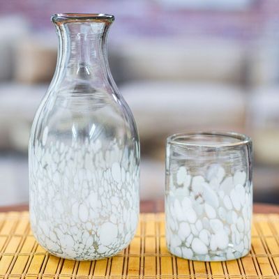 Alternate image for Handblown Recycled Glass Carafe and Cup Set in White Pair White Spots
